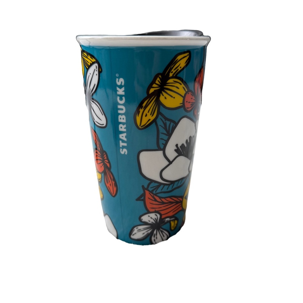 Starbucks Teal Poppy Flowers Travel Coffee Mug Tumbler With LID 12 Oz Ceramic